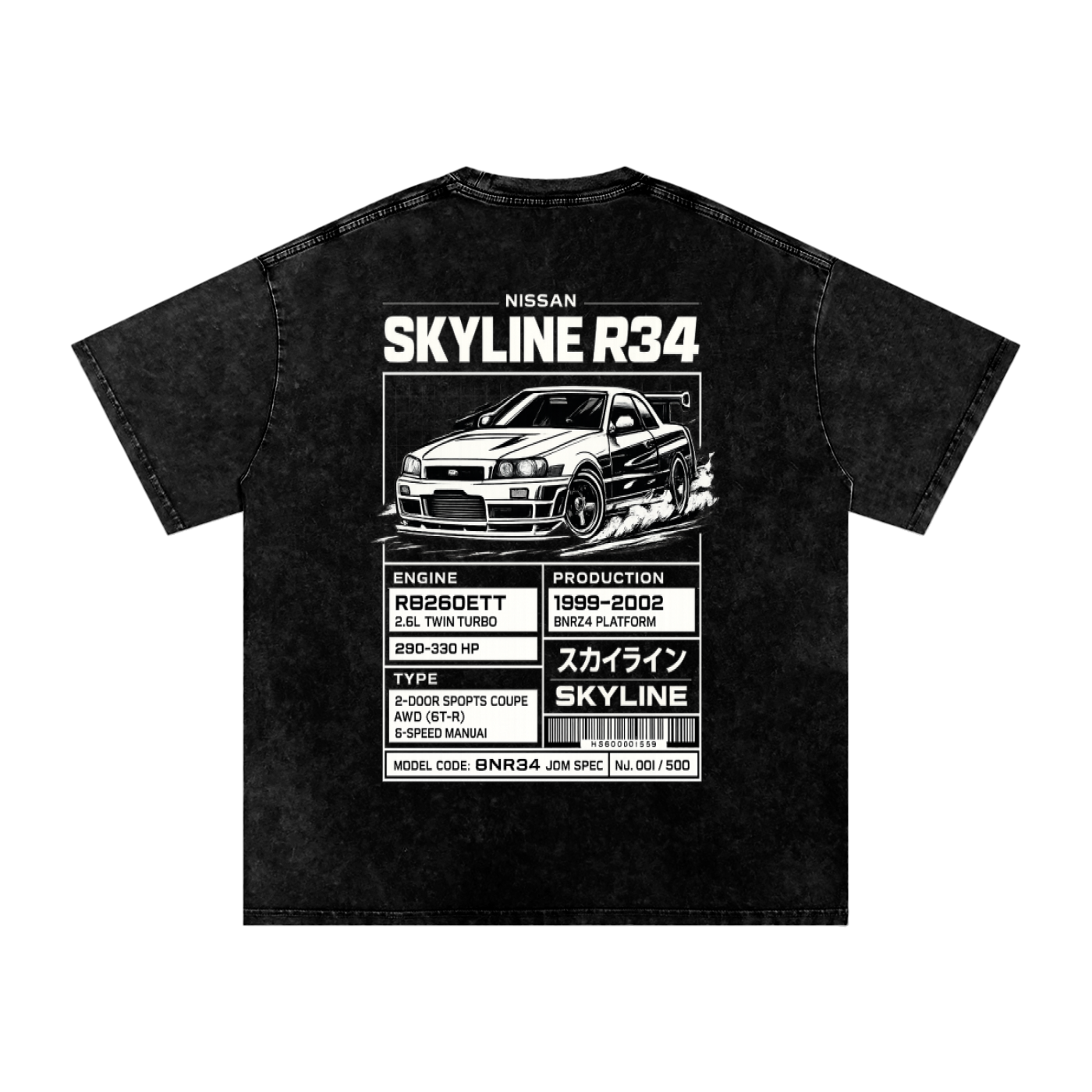 Black t-shirt with Nissan Skyline R34 graphic on a white background