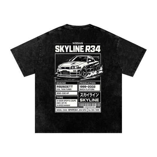 Black t-shirt with Nissan Skyline R34 graphic on a white background